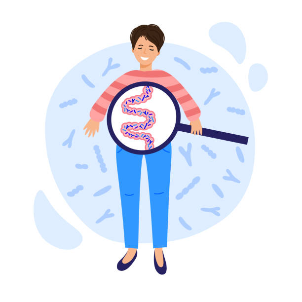 the girl with probiotics in her gut is smiling. good microflora, the beneficial bacteria. the girl with probiotics in her gut is smiling. good microflora, the beneficial bacteria. health care, proper digestion. sour face stock illustrations