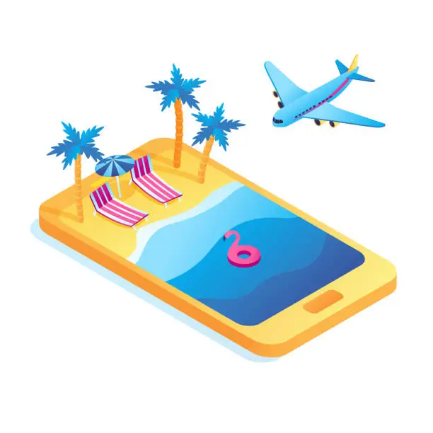 Vector illustration of Vector isometric beach by the sea in smartphone. palm trees, sun loungers and  ocean in phone.Concept of booking tickets and tours through the online app.