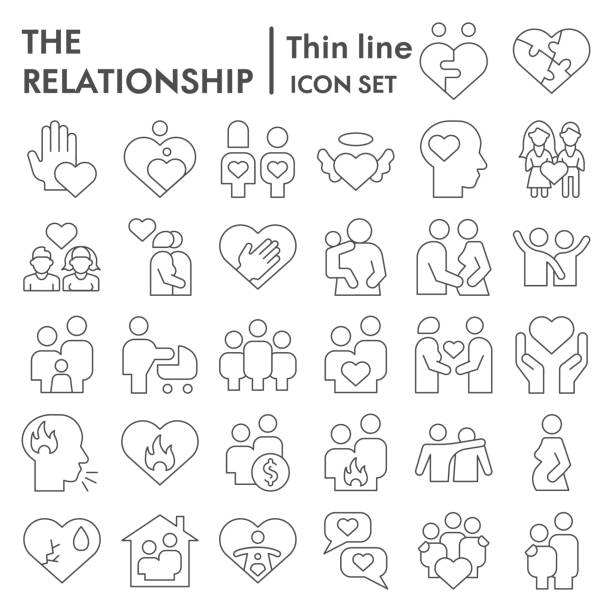 Relationship thin line icon set. People connection collection, vector sketches, logo illustrations, web symbols, outline style pictograms package isolated on white background. Vector graphics. Relationship thin line icon set. People connection collection, vector sketches, logo illustrations, web symbols, outline style pictograms package isolated on white background. Vector graphics family internet stock illustrations