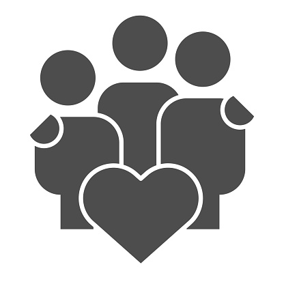 istock Happy family solid icon. Hugging people group with heart shape symbol, glyph style pictogram on white background. Relationship sign for mobile concept and web design. Vector graphics. 1210427891