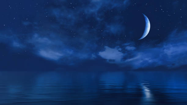Half moon in starry night sky above ocean surface Dark starry night sky above calm ocean and fantastic big half moon shines at the mirror water surface. With no people simple natural background 3D illustration from my 3D rendering file. half moon stock pictures, royalty-free photos & images