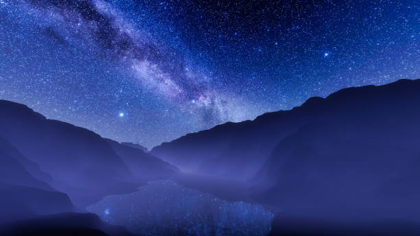 istock Night sky with milky way galaxy over mountain lake 1210429762