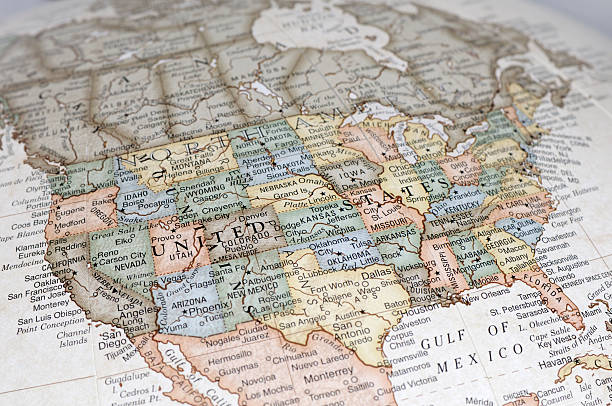 USA A close-up/macro photograph of the United States of America from a desktop globe. Adobe RGB color profile. eastern usa stock pictures, royalty-free photos & images