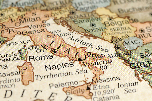Italy A close-up/macro photograph of Italy from a desktop globe. Adobe RGB color profile. physical geography photos stock pictures, royalty-free photos & images