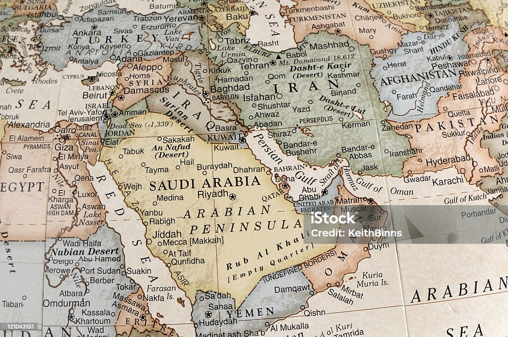 Maps of countries in Middle East A close-up/macro photograph of Middle East from a desktop globe. Adobe RGB color profile. Map Stock Photo
