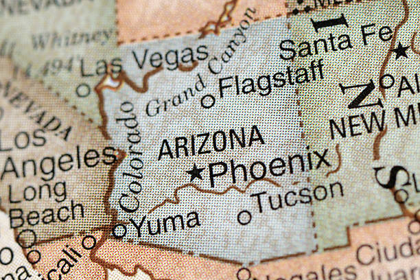 Arizona A close-up/macro photograph of Arizona from a desktop globe. Adobe RGB color profile. yuma photos stock pictures, royalty-free photos & images