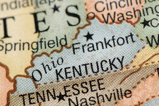 A close-up/macro photograph of Kentucky from a desktop globe. Adobe RGB color profile.