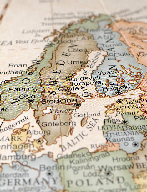 Illustrated map including Scandinavia A close-up/macro photograph of Norway, Sweden, and Finland from a desktop globe. Adobe RGB color profile. map of helsinki finland stock pictures, royalty-free photos & images