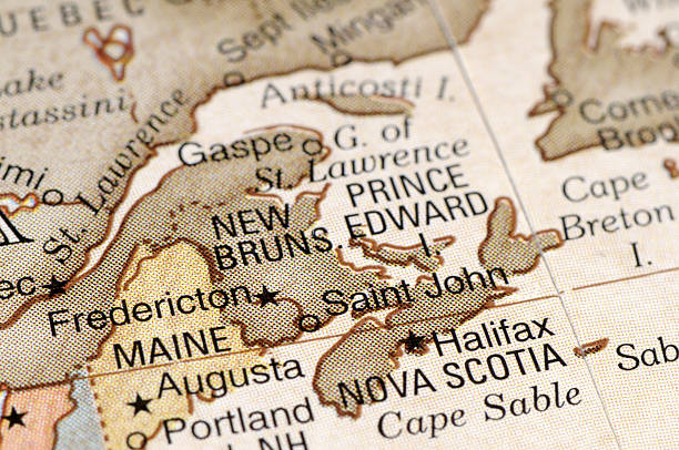 New Brunswick and Nova Scotia A close-up/macro photograph of New Brunswick and Nova Scotia from a desktop globe. Adobe RGB color profile. new brunswick canada photos stock pictures, royalty-free photos & images