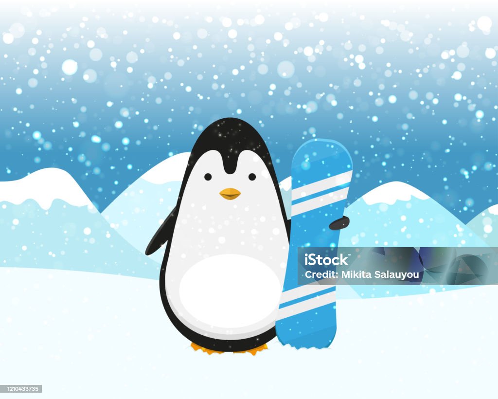 Thể Thao Dễ Thương Penguin With Blue Snowboard Trên Nền Núi Tuyết ...