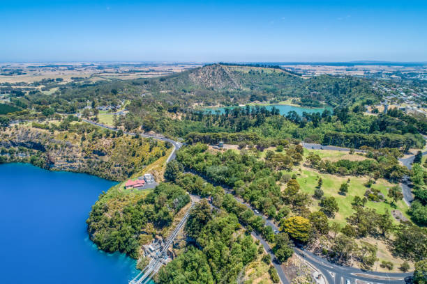 Aerial view of Blue Lake and Valley Lake at Mount Gambier, South Australia stock photo