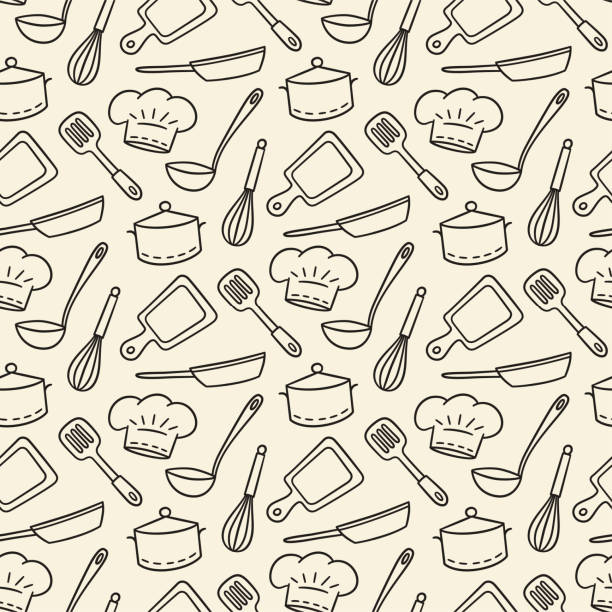 ilustrações, clipart, desenhos animados e ícones de chef restaurante. bonito mão desenhada padrão sem emenda. ilustração vetorial - kitchen