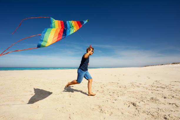 istock Cute boy run with color kite on the sand beach 1210442077