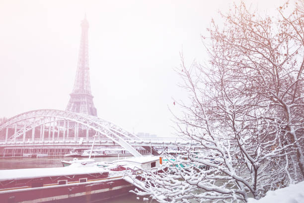 istock Eifel tower Passerelle Debilly bridge with snow 1210442113