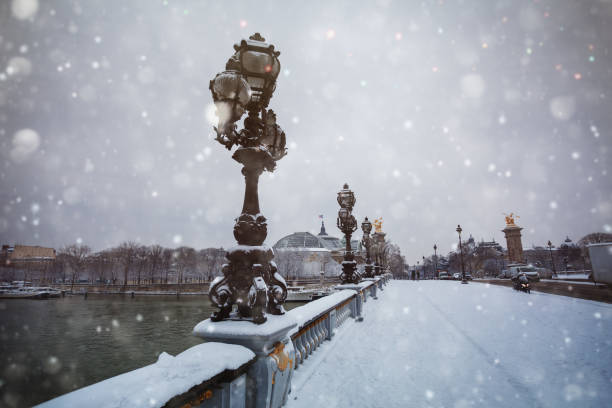 istock Alexander III bridge covered with snow in Paris 1210442205