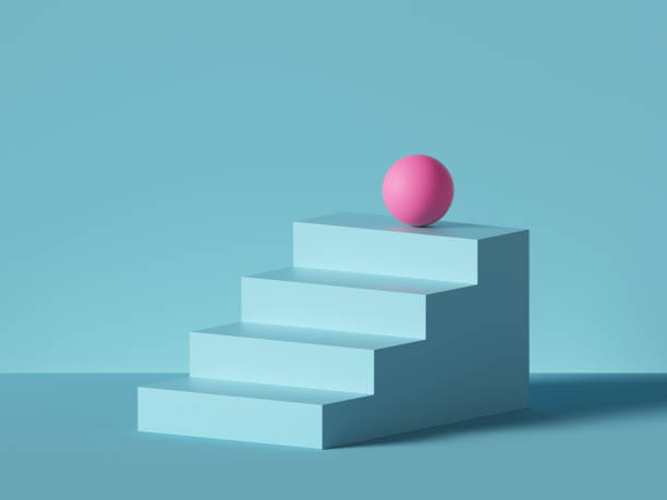 istock 3d render, abstract minimal background. Pink ball placed on blue steps, isolated stairs. Career metaphor. Pedestal, podium. Architectural element, primitive shape. Product showcase, shop display 1210442225