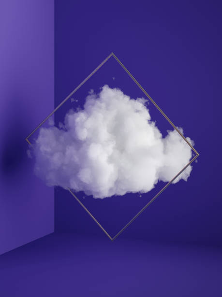 istock 3d render, white fluffy cloud flying through the golden square frame. Minimal room interior. Levitation concept. Objects isolated on violet blue background, modern design, abstract metaphor. 1210442232