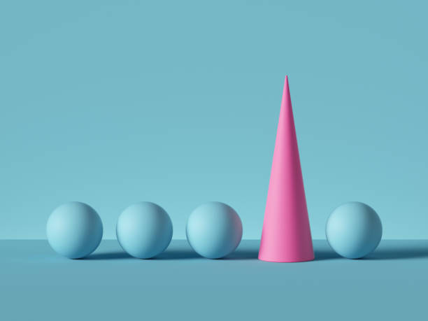 istock 3d render, abstract primitive geometric shapes isolated on blue background. High pink cone, row of small balls. Outstanding idea, one of a kind concept. Modern minimal design 1210442247
