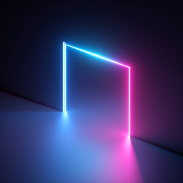 istock 3d render, abstract geometric neon background, pink blue vivid light, ultraviolet square hole in the wall. Window, open door, gate, portal. Room entrance, arch. Modern minimal concept 1210442252