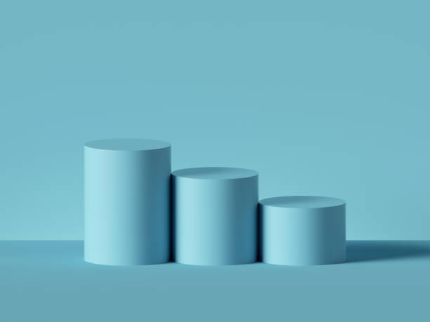 istock 3d render, abstract minimal geometric background. Blue cylinders, blank pedestal, decreasing steps, empty podium. Isolated objects, primitive shapes. Business chart concept, statistics metaphor. 1210442260