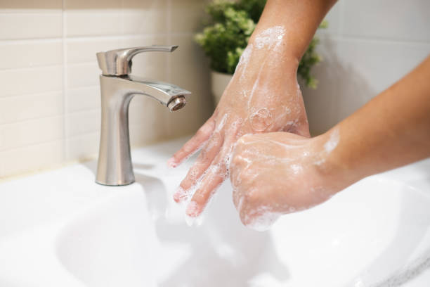 Hand washing with water and soap, clean and protection from dirty, virus, bacteria Hand washing with water and soap, clean and protection from dirty, virus, bacteria bacterial mat photos stock pictures, royalty-free photos & images