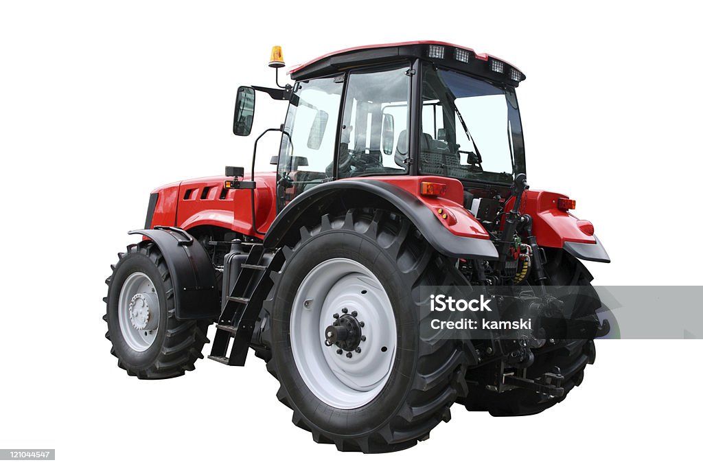 Close up of the red and black tractor Red tractor separately on a white background Tractor Stock Photo