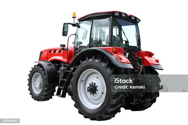 Close Up Of The Red And Black Tractor Stock Photo - Download Image Now - Tractor, White Background, Behind