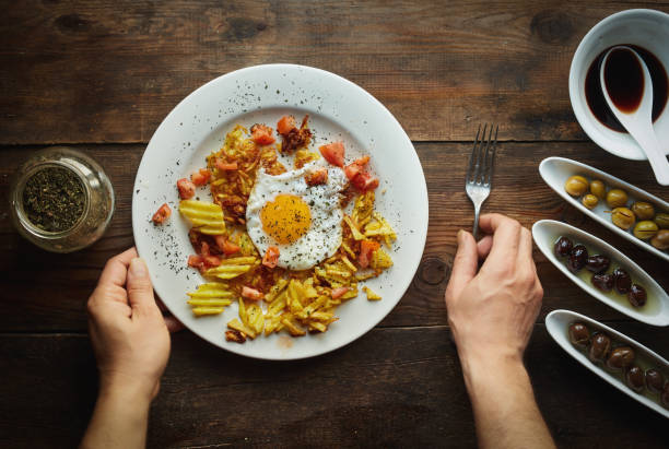Directly Above Shot Of potato, egg, tomato breakfast