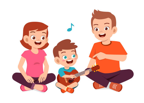 illustrazioni stock, clip art, cartoni animati e icone di tendenza di felice famiglia carina mamma papà figlio figlia suonare la chitarra - men doodle vector parent