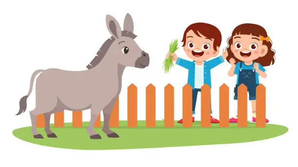 Vector illustration of happy cute little kid boy and girl feed donkey