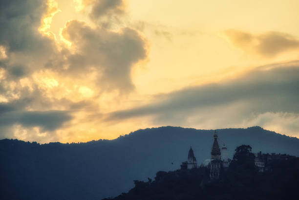 The romantic sunset view and Swayambhunath Stupa of Kathmandu, Nepal