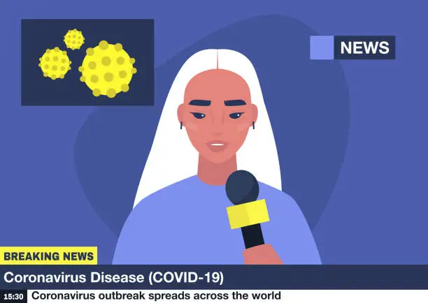 Vector illustration of Coronavirus breaking news, young asian female reporter holding a microphone