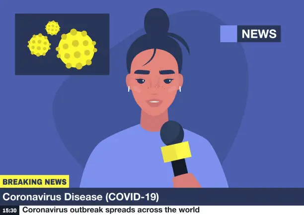 Vector illustration of Coronavirus breaking news, young female reporter holding a microphone