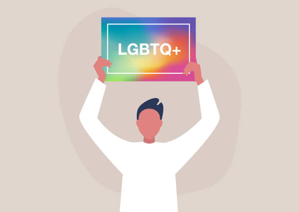 ilustraciones, imágenes clip art, dibujos animados e iconos de stock de carácter masculino joven sosteniendo un cartel lgbtq con un fondo de malla arco iris borroso, diseño conceptual - lesbian gay man rainbow multi colored