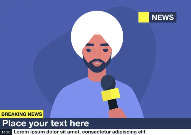 Vector illustration of Breaking news, Young indian male reporter holding a microphone, Mockup, Copy space, your text here