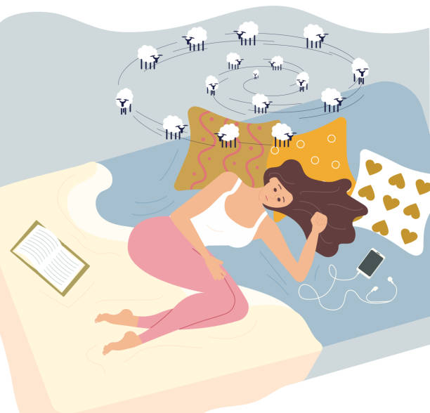 Insomniac is counting sheeps Young woman character is lying on back in bed with insomnia. Female Insomniac is counting sheeps. Sleeping control concept. Flat Art Vector illustration insomnia illustrations stock illustrations