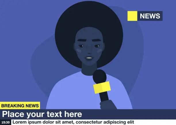 Vector illustration of Breaking news, Young black female reporter holding a microphone, Mockup, Copy space, your text here