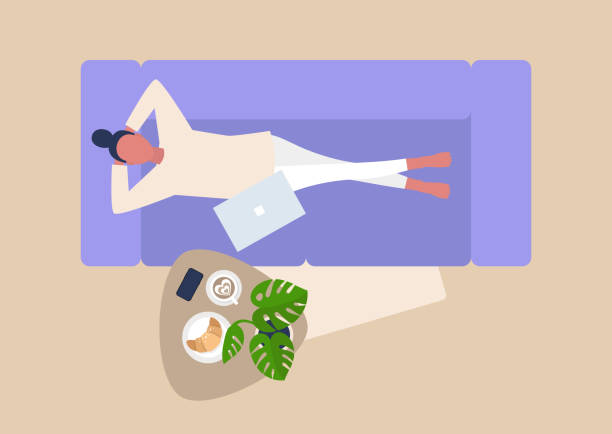 Young female character lying down on sofa, top view, living room, relaxation Young female character lying down on sofa, top view, living room, relaxation resting illustrations stock illustrations