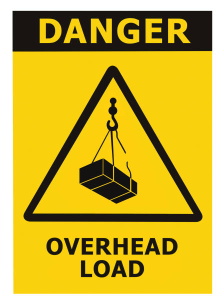 Danger, overhead load text, falling hazard risk caution warning sign, crane cargo icon signage sticker, black triangle over isolated yellow background, large macro closeup peligro, texto de carga aérea, señal de advertencia de advertencia de advertencia de peligro de caída, etiqueta adhesiva de la señalización del icono de carga de la grúa, triángulo negro sobre fondo amarillo aislado, gran primer plano macro