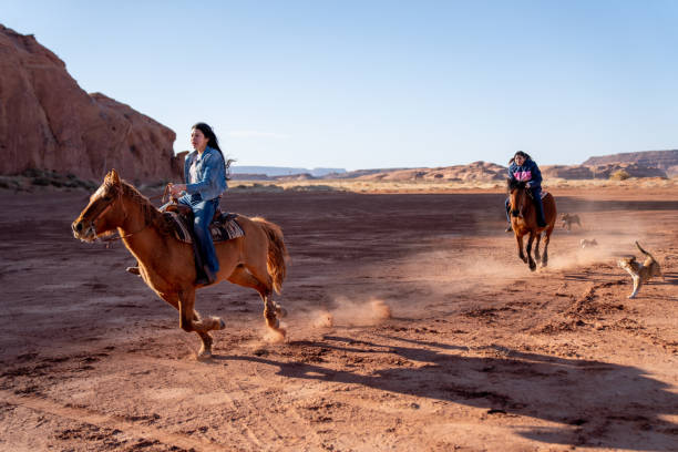 junge navajo teenage geschwister reiten ihre pferde schnell wie die hunde jagen nach ihnen - monument valley navajo mesa monument valley tribal park stock-fotos und bilder