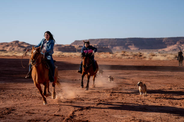 junge navajo teenage geschwister reiten ihre pferde schnell wie die hunde jagen nach ihnen - monument valley navajo mesa monument valley tribal park stock-fotos und bilder