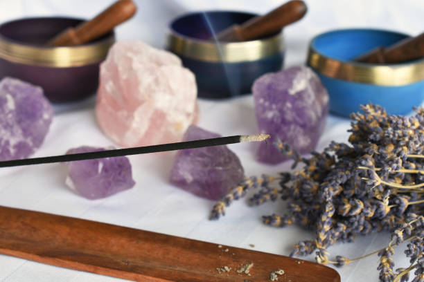 Burning Incense Close Up A close up image of burning incense and meditation crystals. incense photos stock pictures, royalty-free photos & images