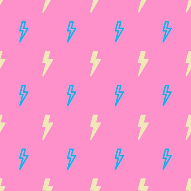 Basic RGB Cute flash lightning seamless pattern on pink background. Retro cartoon style. Blue and yellow thunderbolts. Flat comics style vector illustration. drawing of pink and black polka dot wallpaper stock illustrations