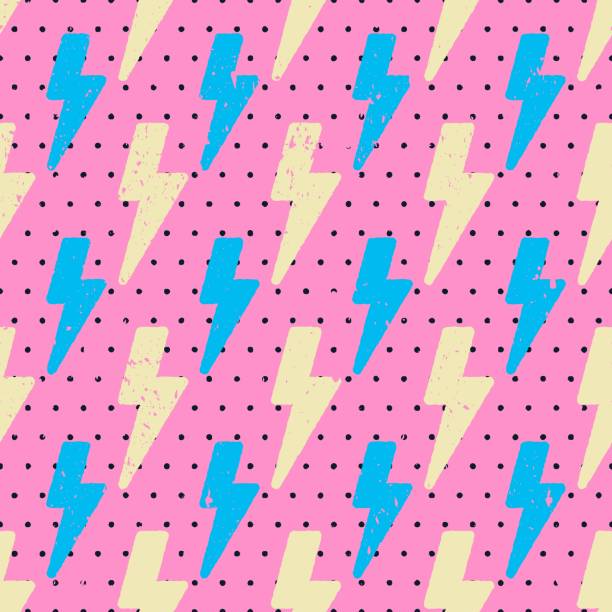 Basic RGB Textured flash lightning seamless pattern with aged effect on pink background with polka dot. Retro cartoon style. Blue and yellow thunderbolts. Flat comics style vector illustration. superhero designs stock illustrations