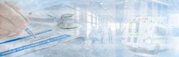 Ambulance Health insurance Abstract Banner in blue at hospital stock photo