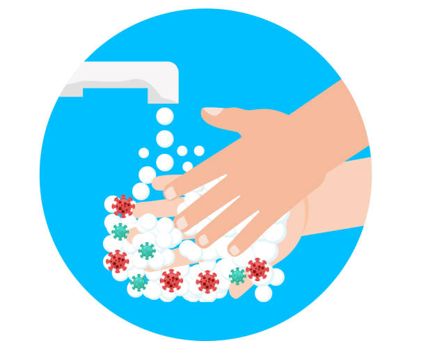 Washing hands with soap to prevent virus and bacteria vector Illustration.Hands Washing Hands Under Faucet with Germs Falling Down