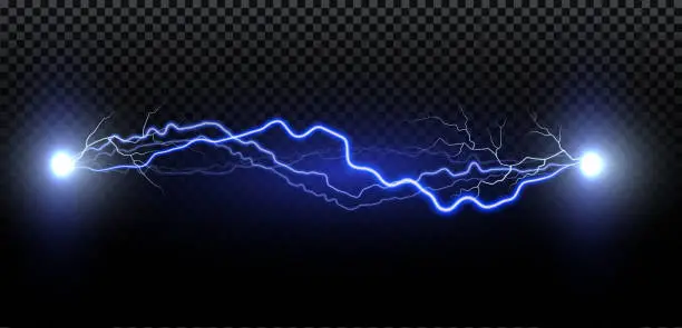 Vector illustration of Realistic lightning. Thunder spark light on transparent background. Illuminated realistic path of thunder and many sparks. Bright curved line.