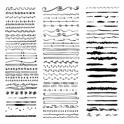 Vector illustration of a big collection of dividers and banners in an ink style drawing. Cut out design elements for a wide array of design projects, ideas and concepts. Black and white silhouettes.