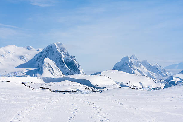 Mountain range in Antarctica covered in snow stock photo