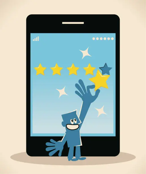 Vector illustration of Blue man gives a five-star rating to a big smart phone